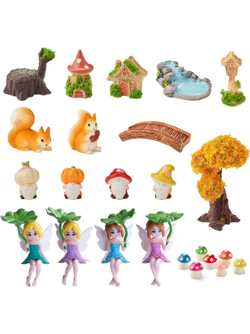 24Pcs Mini Fairy Garden DIY Kit - Gnomes, Fairies, Pond, Bridge & Mushrooms